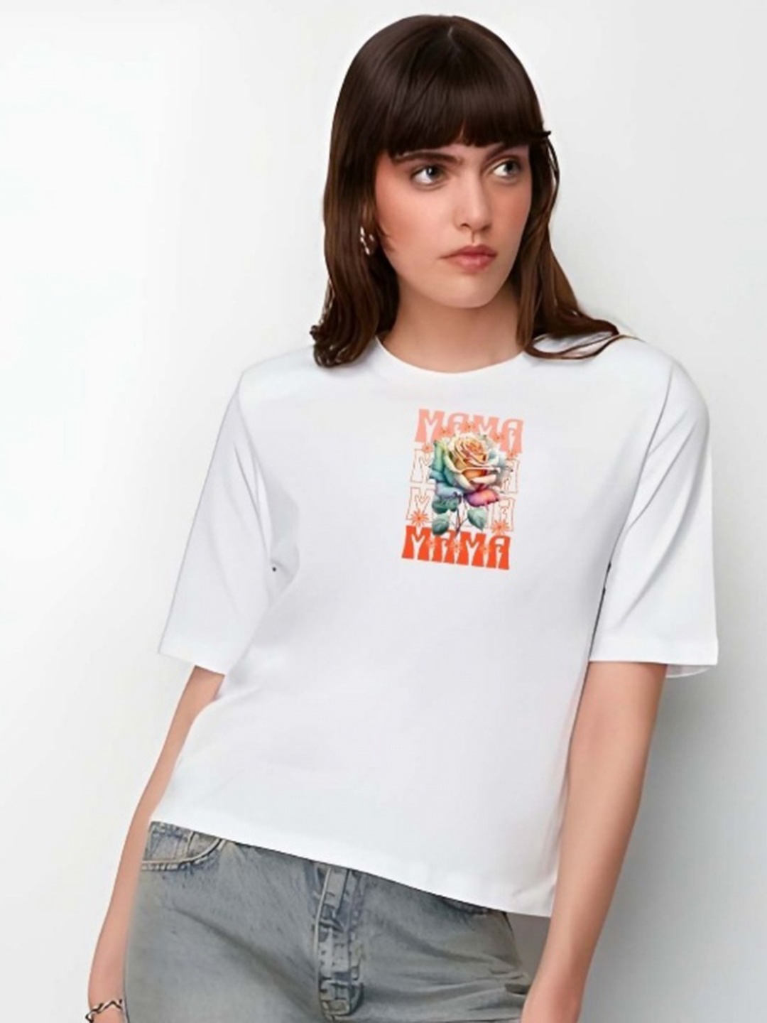 

DressBerry Women Graphic Printed Round Neck Cotton Boxy T-shirt, White