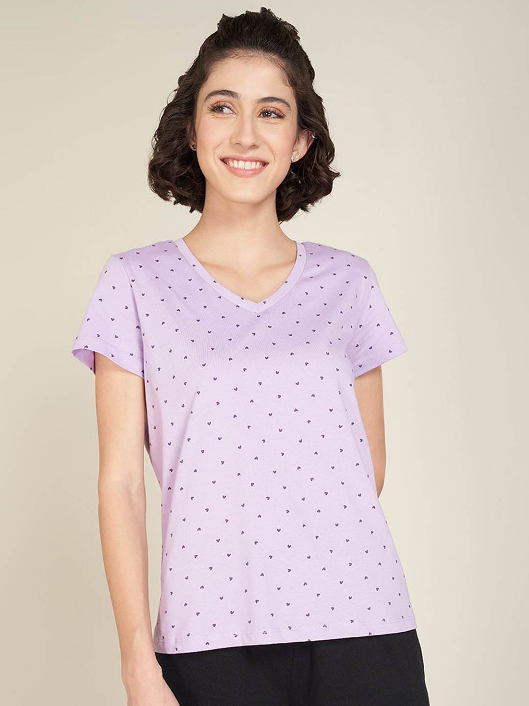

Dreamz by Pantaloons Women Printed Pure Cotton Lounge T-Shirt, Lavender