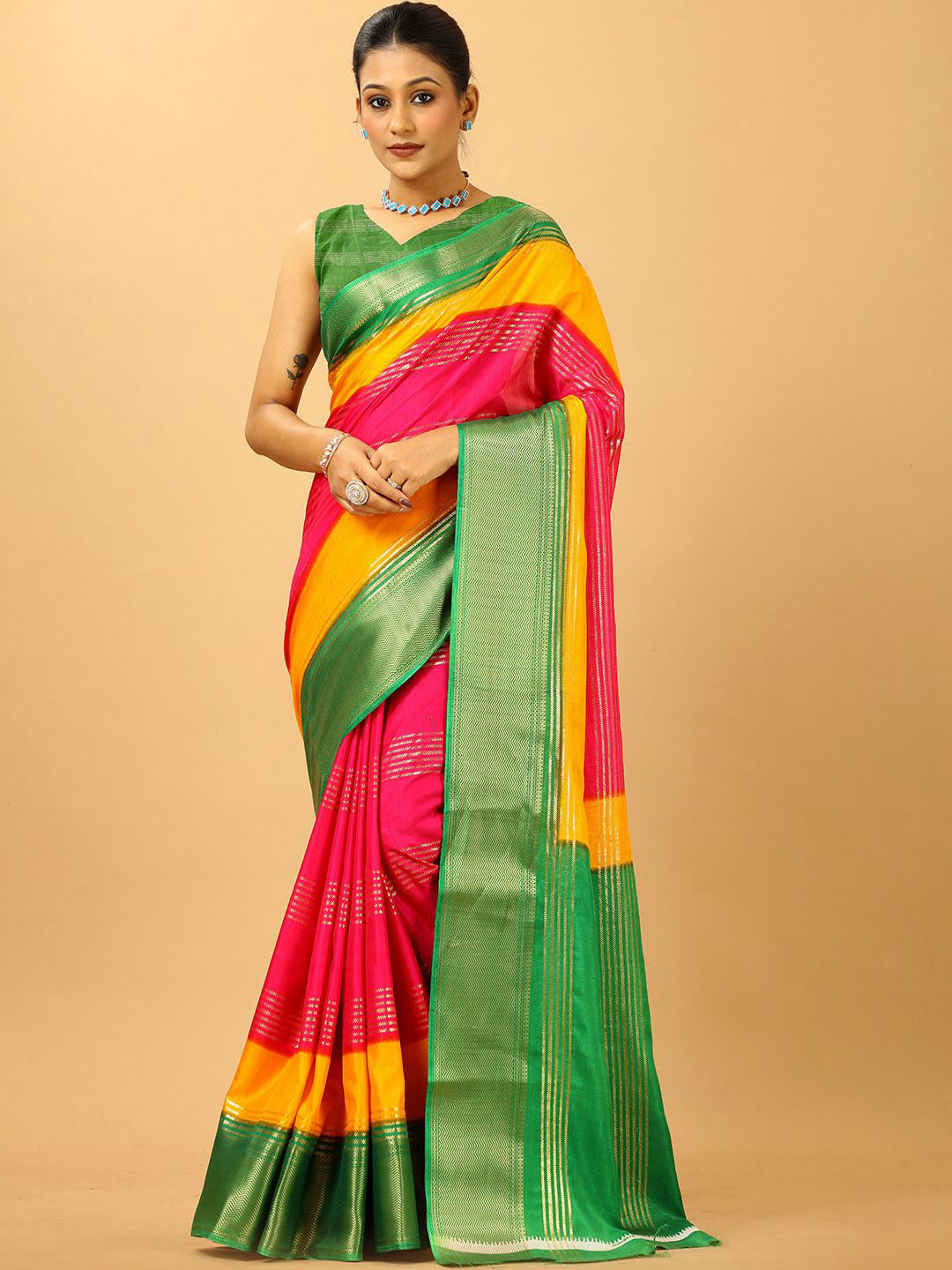 

NIRMAL CREATION Colourblocked Zari Saree, Green