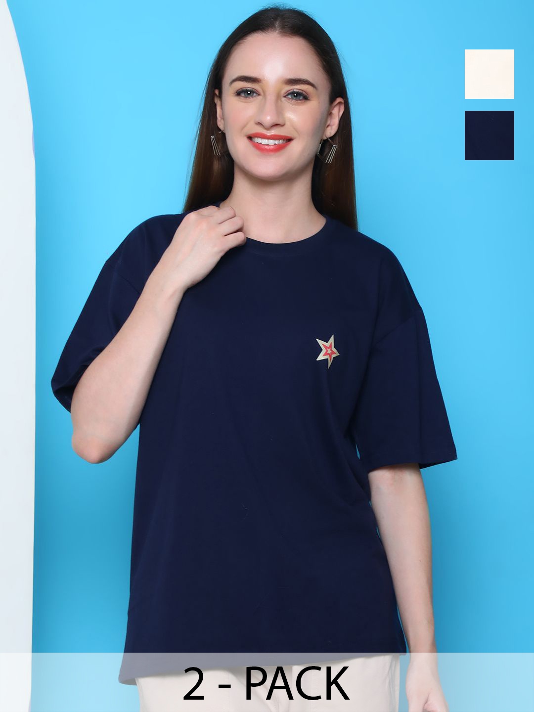 

Dreambe Women Pack Of 2 Graphic Printed Round Neck Cotton Oversized T-shirts, Navy blue