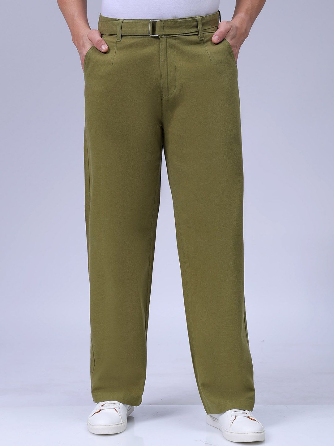 

The Indian Garage Co Men Baggy Fit Mid Rise Cotton Chinos Trousers, Olive