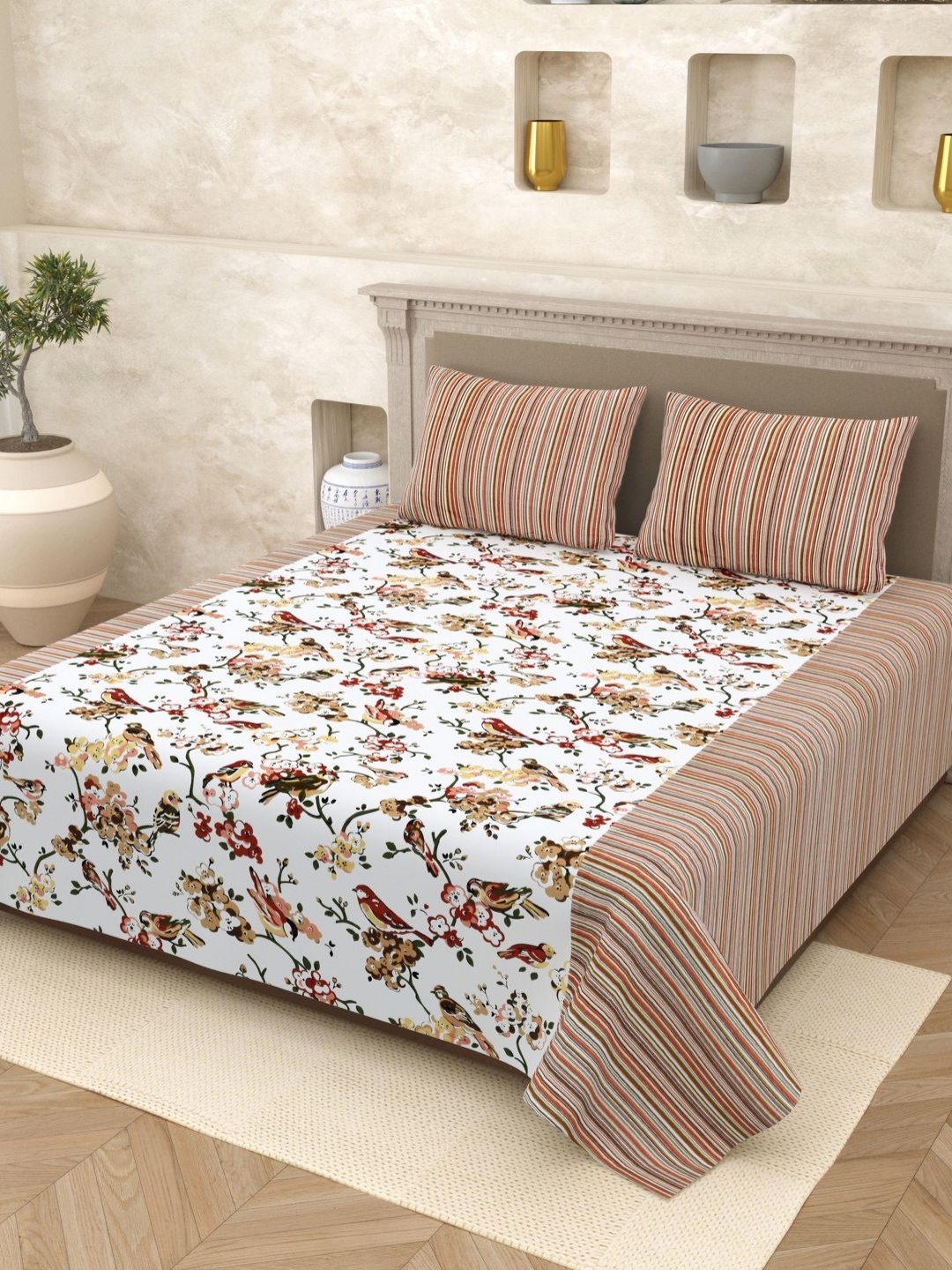 

Myntra Elegant Homes Red Printed Pure Cotton 210 TC Queen Bedsheet Set 2.65m x 2.20m, White