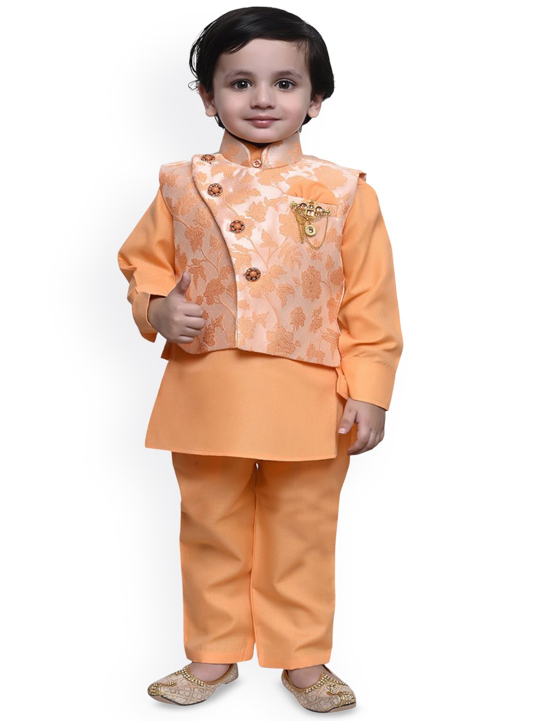 

TADEO Boys Shirt Collar Pure Cotton Kurta With Pyjamas And Koti, Orange