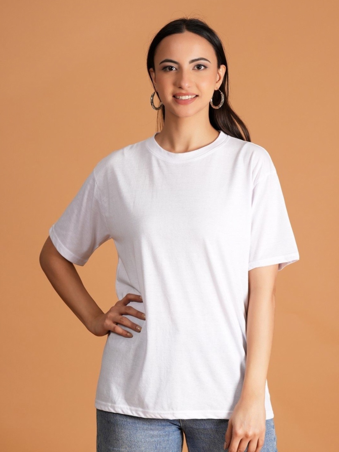 

Metronaut Women Solid Round Neck Cotton Oversized T-shirt, White