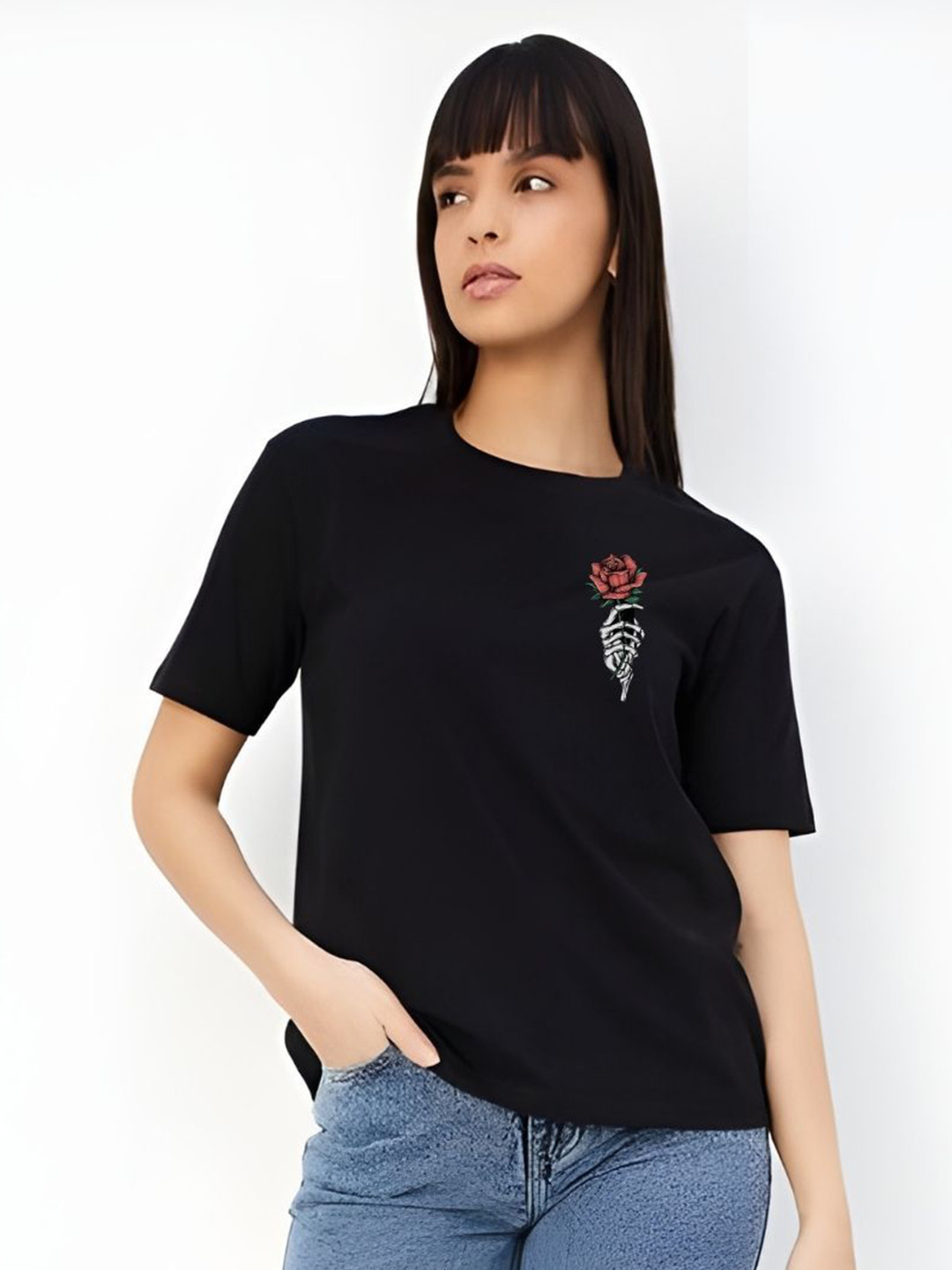 

DressBerry Women Floral Printed Round Neck Cotton T-shirt, Black