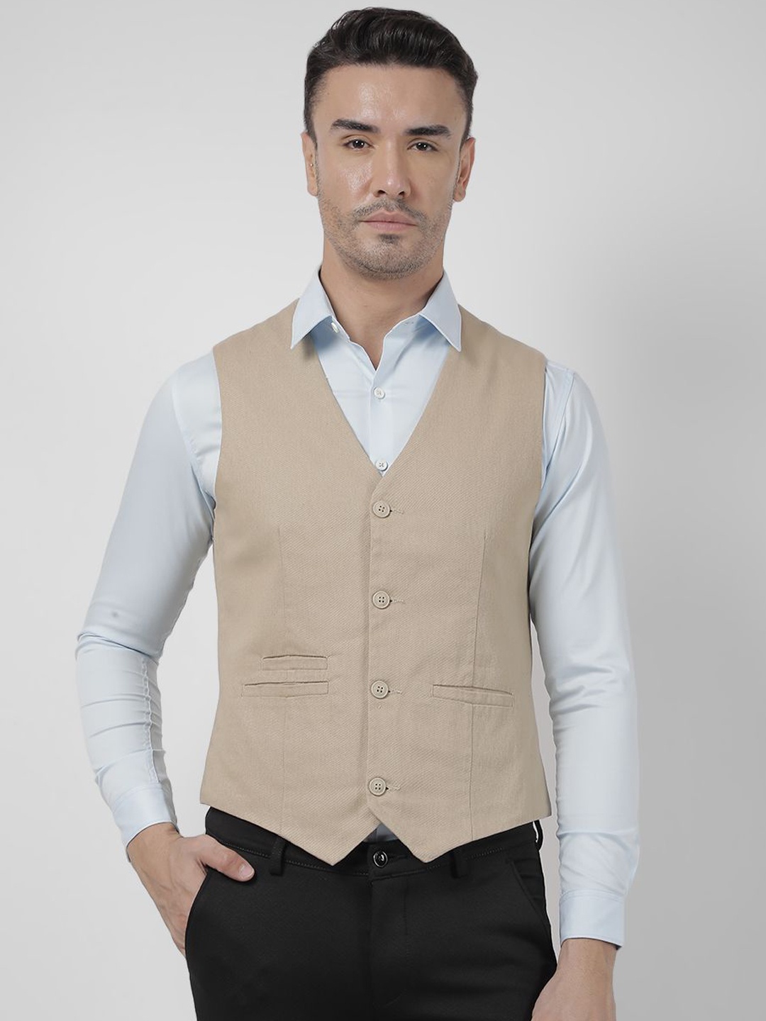 

Numero Uno Sleeveless V-Neck Pure Cotton Waistcoat, Beige