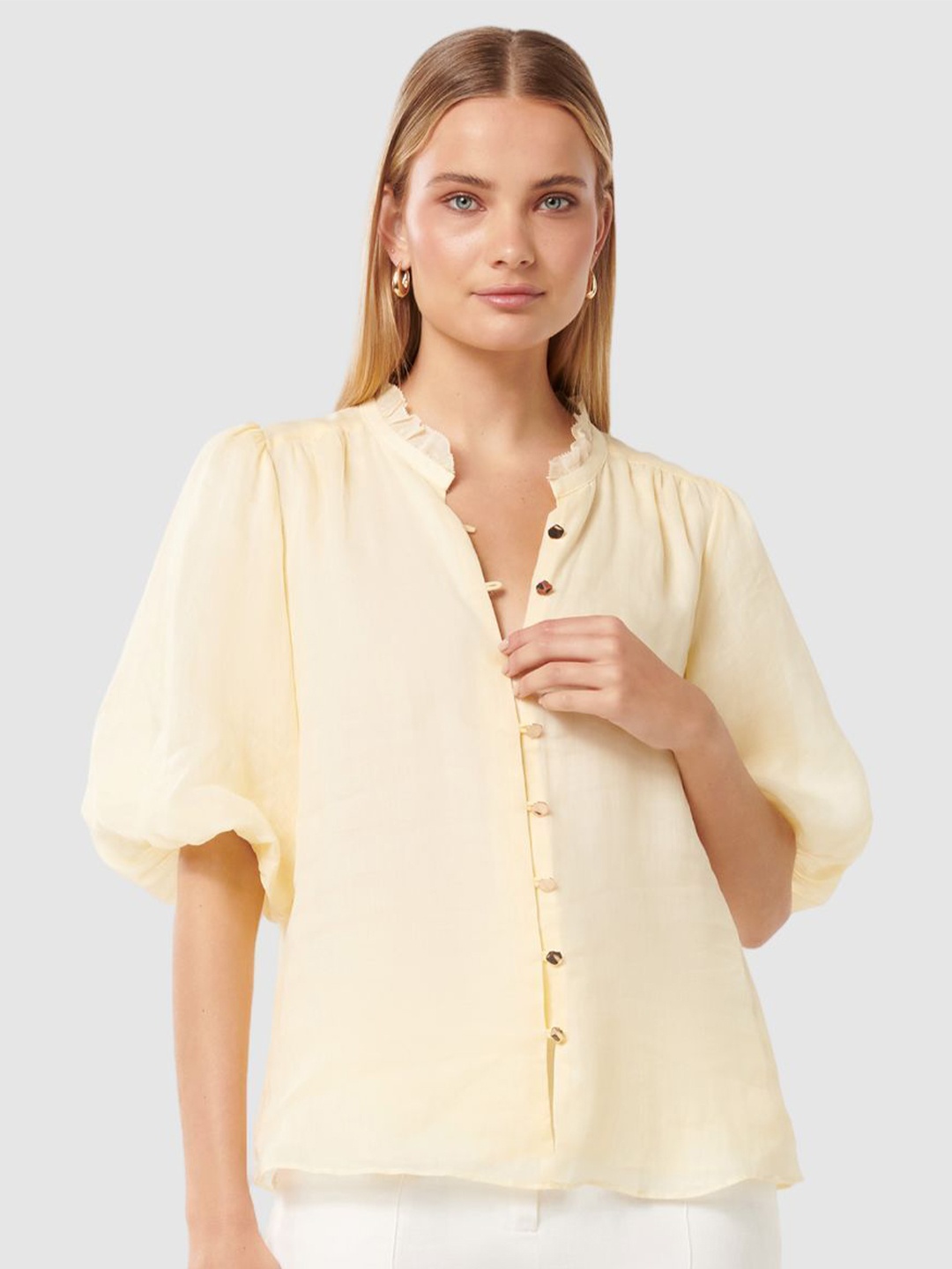 

Forever New Women Solid Pattern Mandarin Collar Puff Sleeve Blouson Top, Yellow