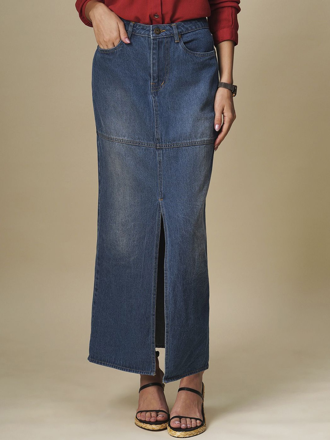 

Chemistry Women Pure Cotton Front Slit A-Line Maxi Skirt, Blue