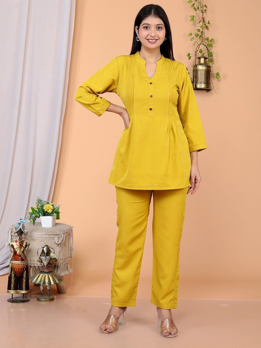 

Aasira Mandarin Collar Tunic With Trousers, Yellow