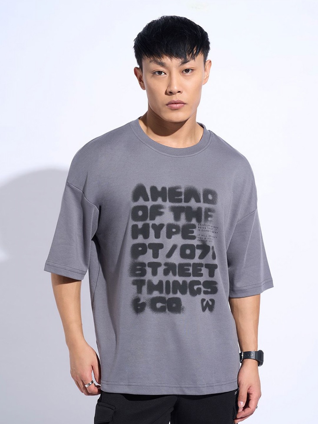 

Street 808 by Pantaloons Men Typography Printed Round Neck Cotton Oversized T-shirt, Grey