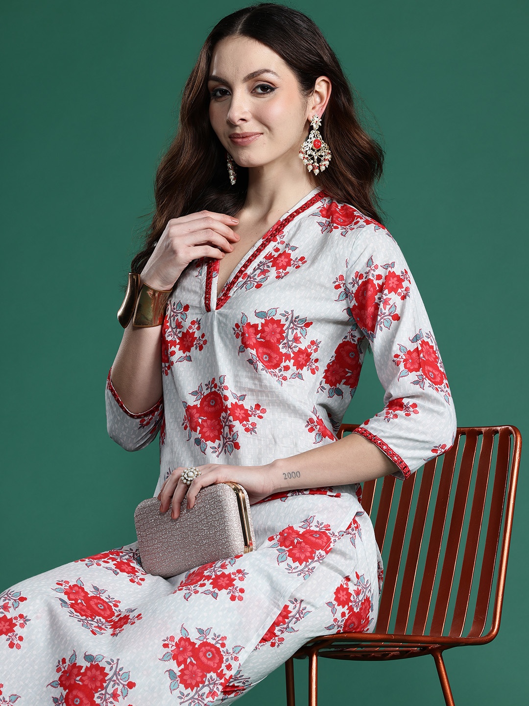 

Indo Era Floral Printed Mirror Work Pure Cotton Kurta with Trousers, Blue