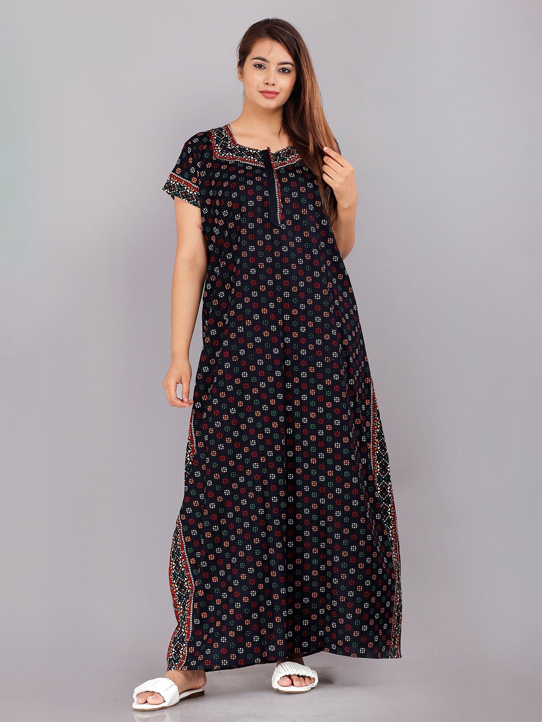 

PR PINK ROYAL Women Floral Printed Pure Cotton Maxi Nightdress, Blue