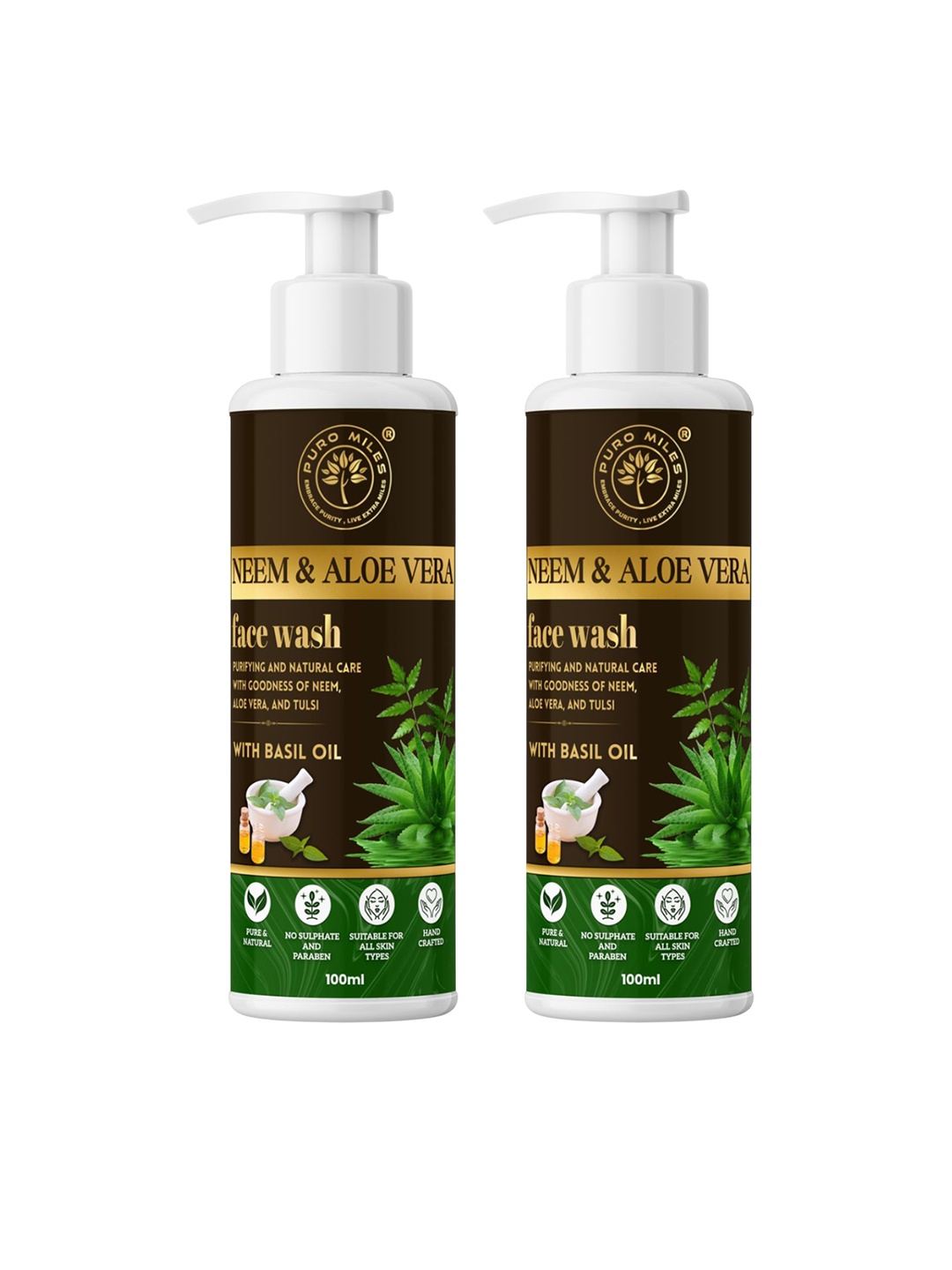 

Puro Miles Set Of 2 Neem Aloe Vera With Basil Oil Face Wash - 100 ml Each, Green