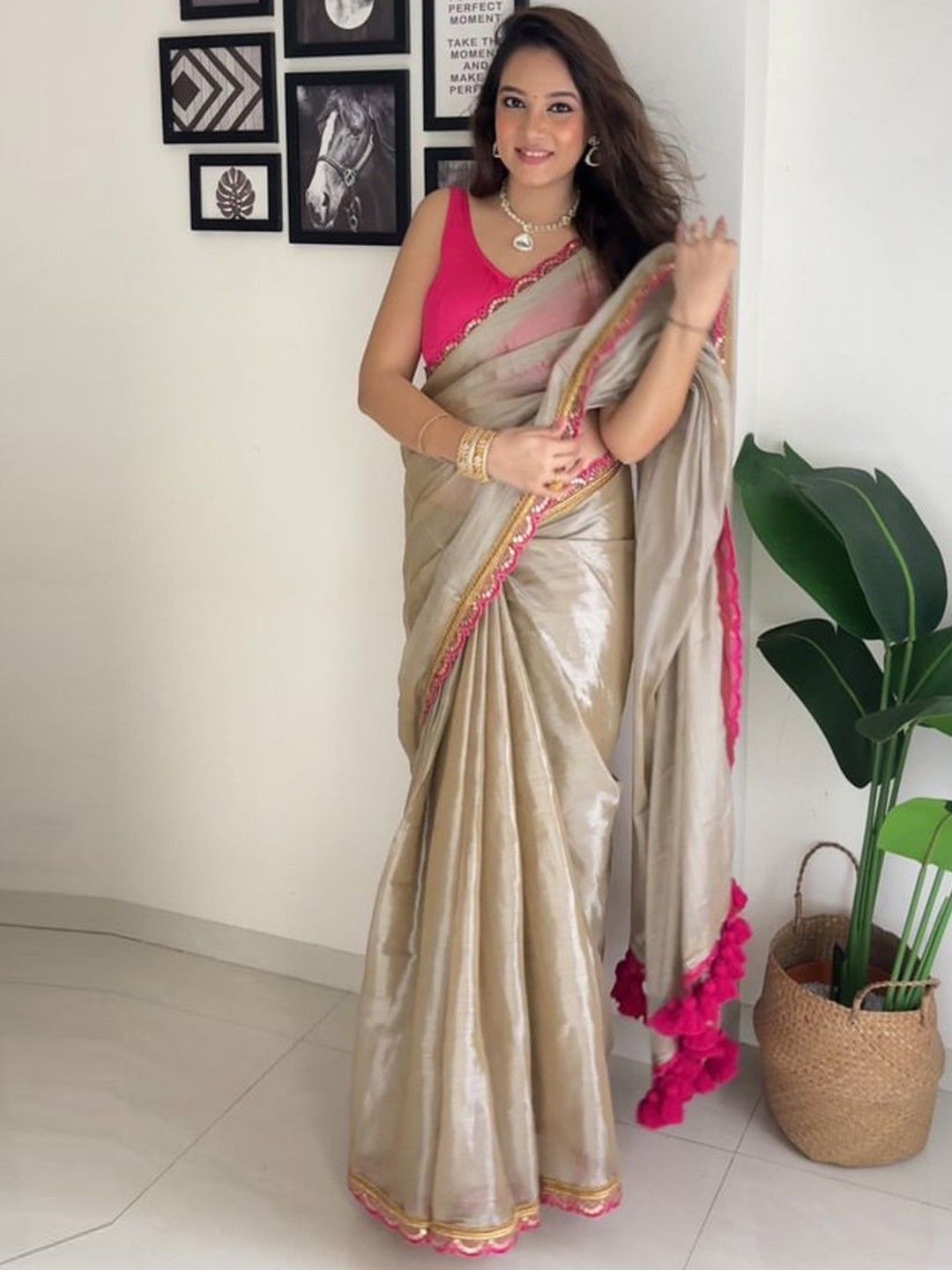 

SANJANA SILK Embroidered Tissue Maheshwari Saree, Beige
