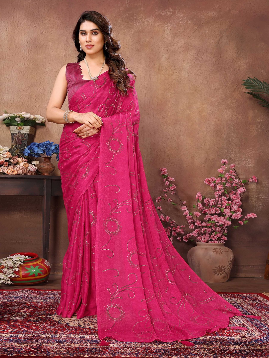 

DIVASTRI Embellished Beads and Stones Satin Saree, Pink