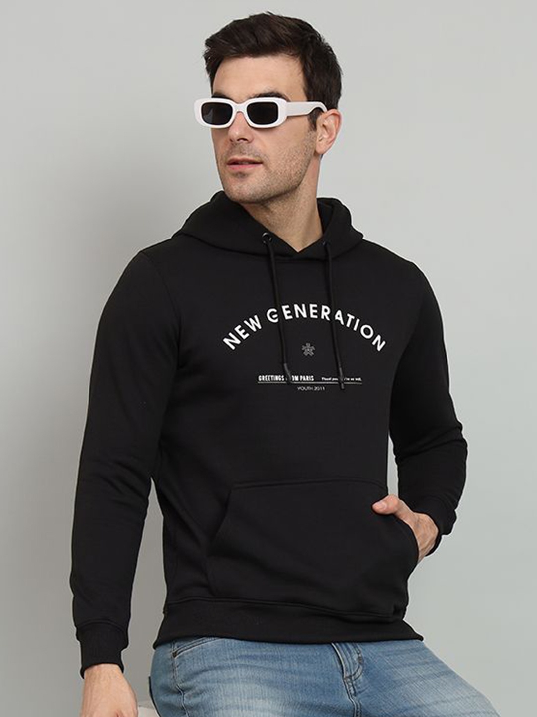 

OGEN Men Printed Hooded Pullover Sweatshirt, Black