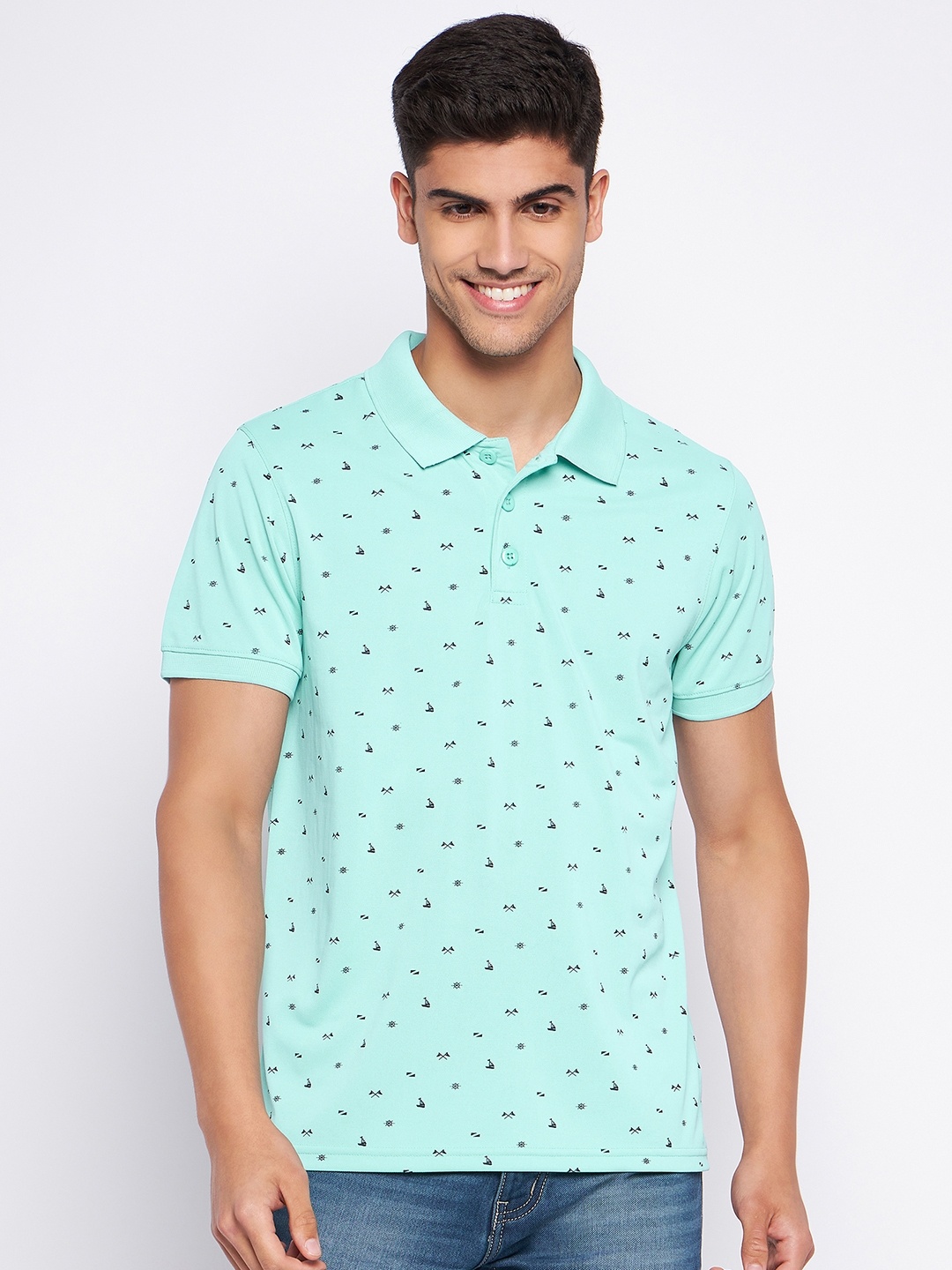 

AUXAMIS Men Printed Polo Collar Pockets T-shirt, Turquoise blue