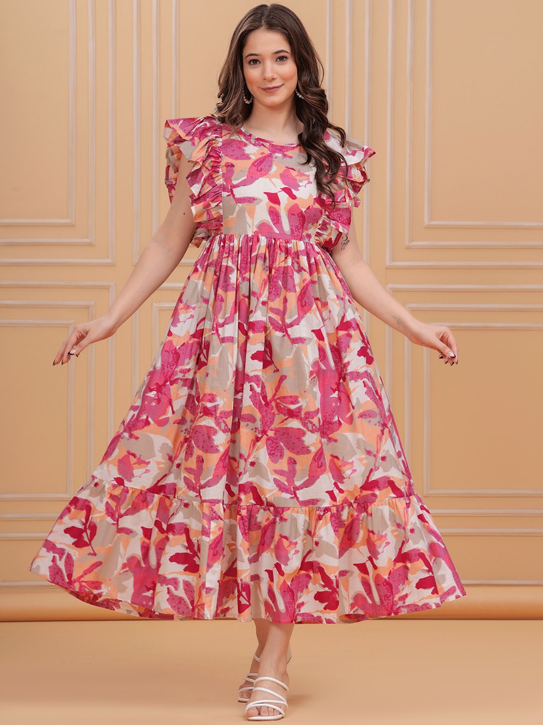 

INDIANIC Women Floral Printed Ruffled Sleeves Fit And Flare Ethnic Dress, Pink