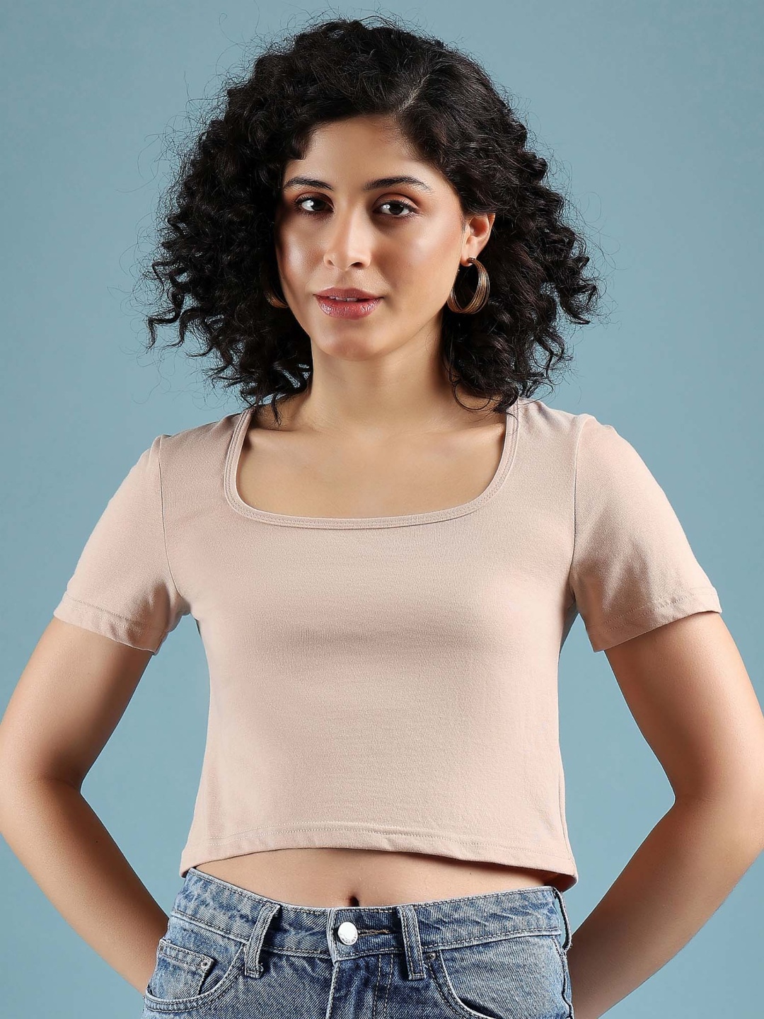 

DressBerry Women Solid Scoop Neck Cotton T-shirt, Beige