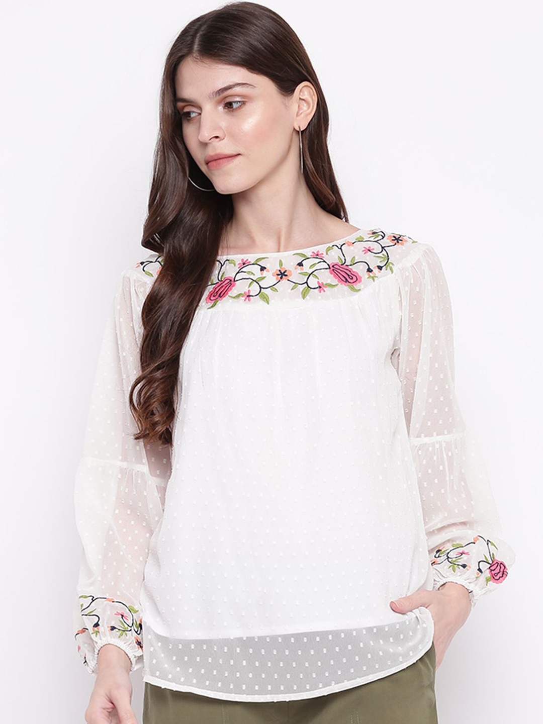 

DressBerry Women Floral Printed Boat Neck Top, White