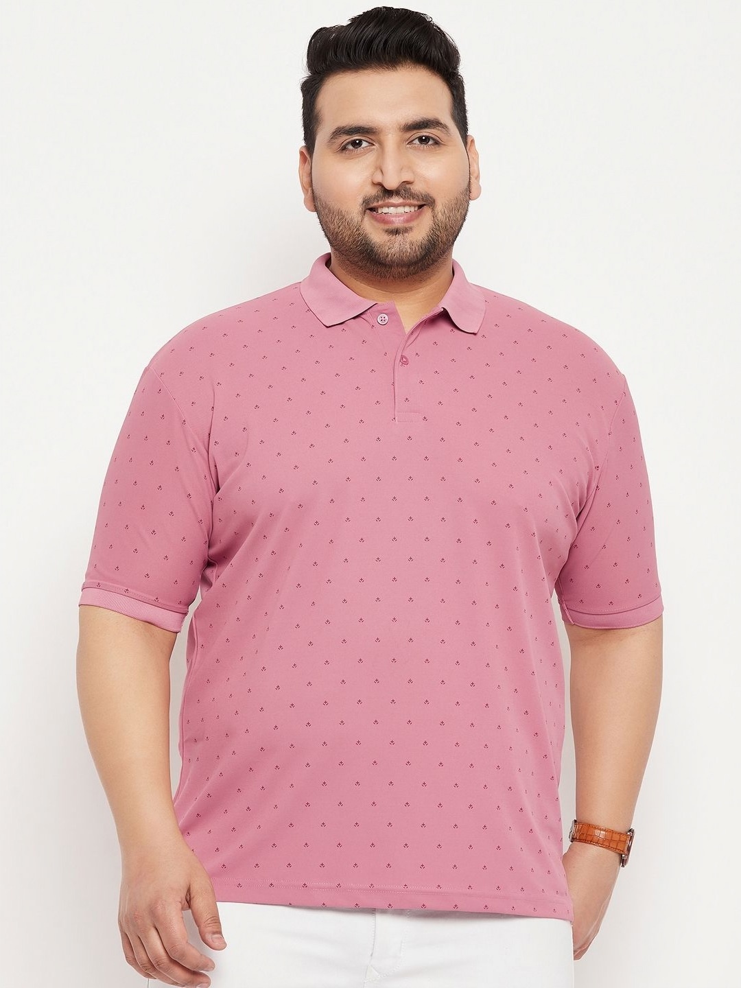 

NYKER Men Plus Size Geometric Printed Polo Collar Cotton T-shirt, Peach