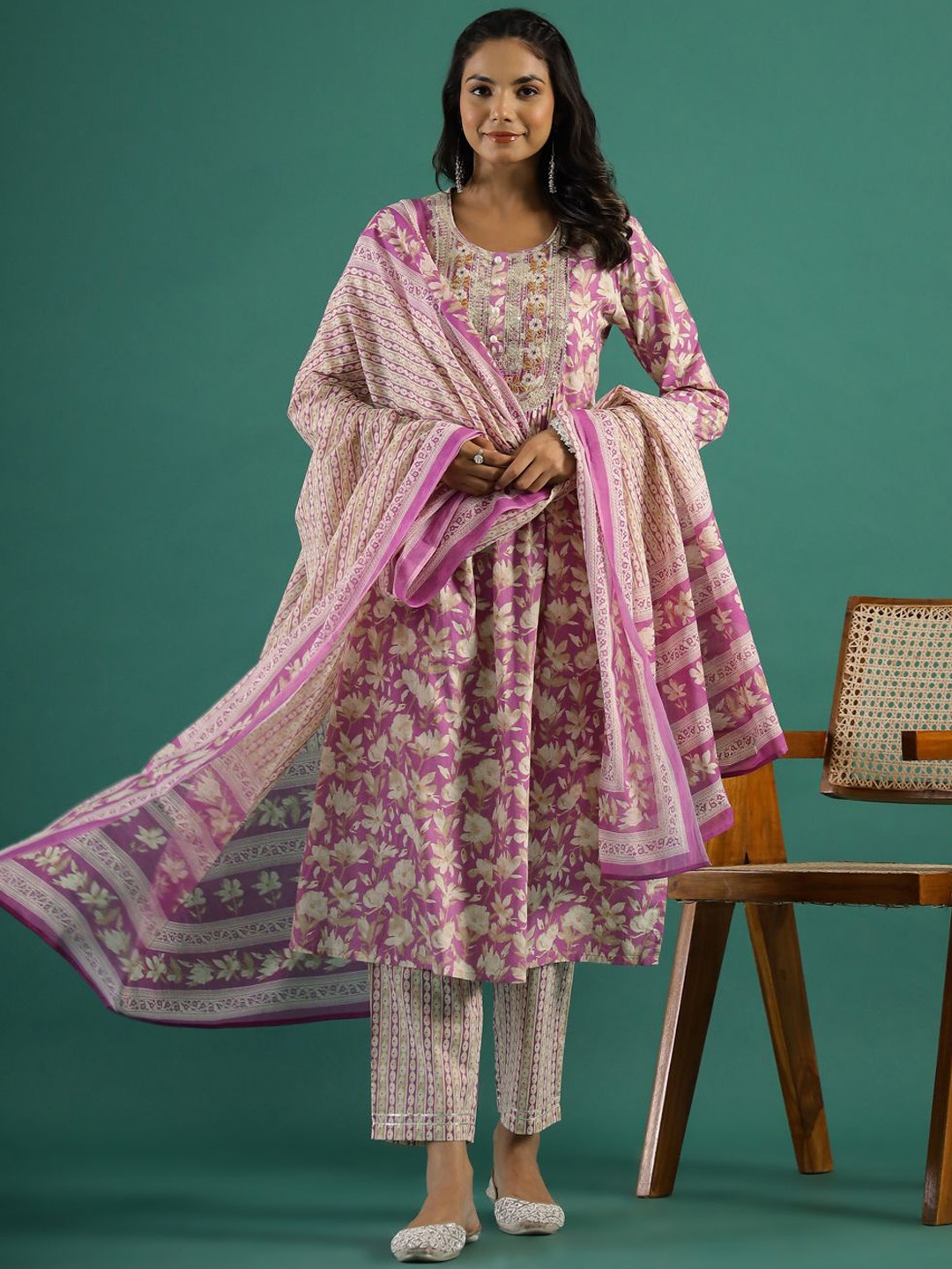 

Sangria Pink Floral Printed Pure Cotton Round Neck Anarkali Kurta With Trousers & Dupatta