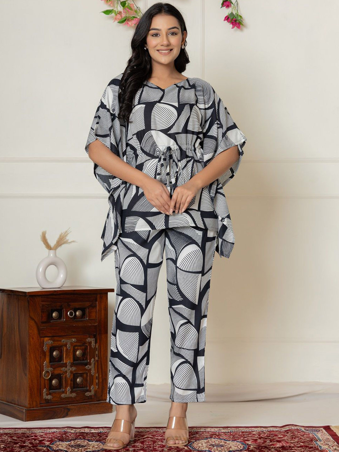

ALLEN WEAVE Printed Kaftan Top & Trousers Co-Ords, Black