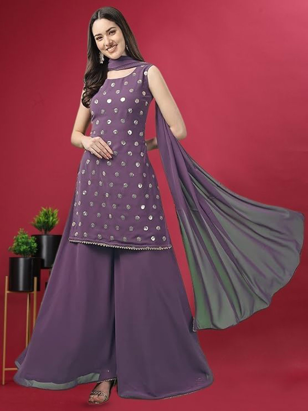 

PARROT CREATION Women Embroidered Regular Sequinned Kurti with Sharara & With Dupatta, Lavender