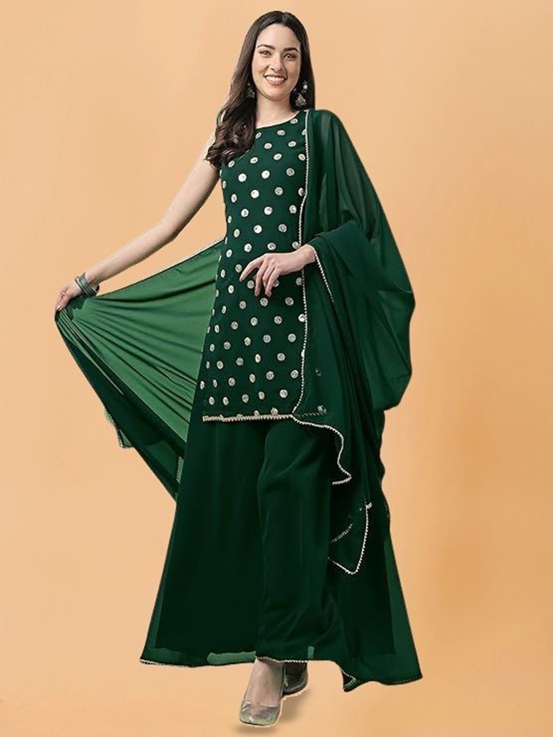 

PARROT CREATION Geometric Embroidered Sequinned Georgette Kurti with Sharara And Dupatta, Green