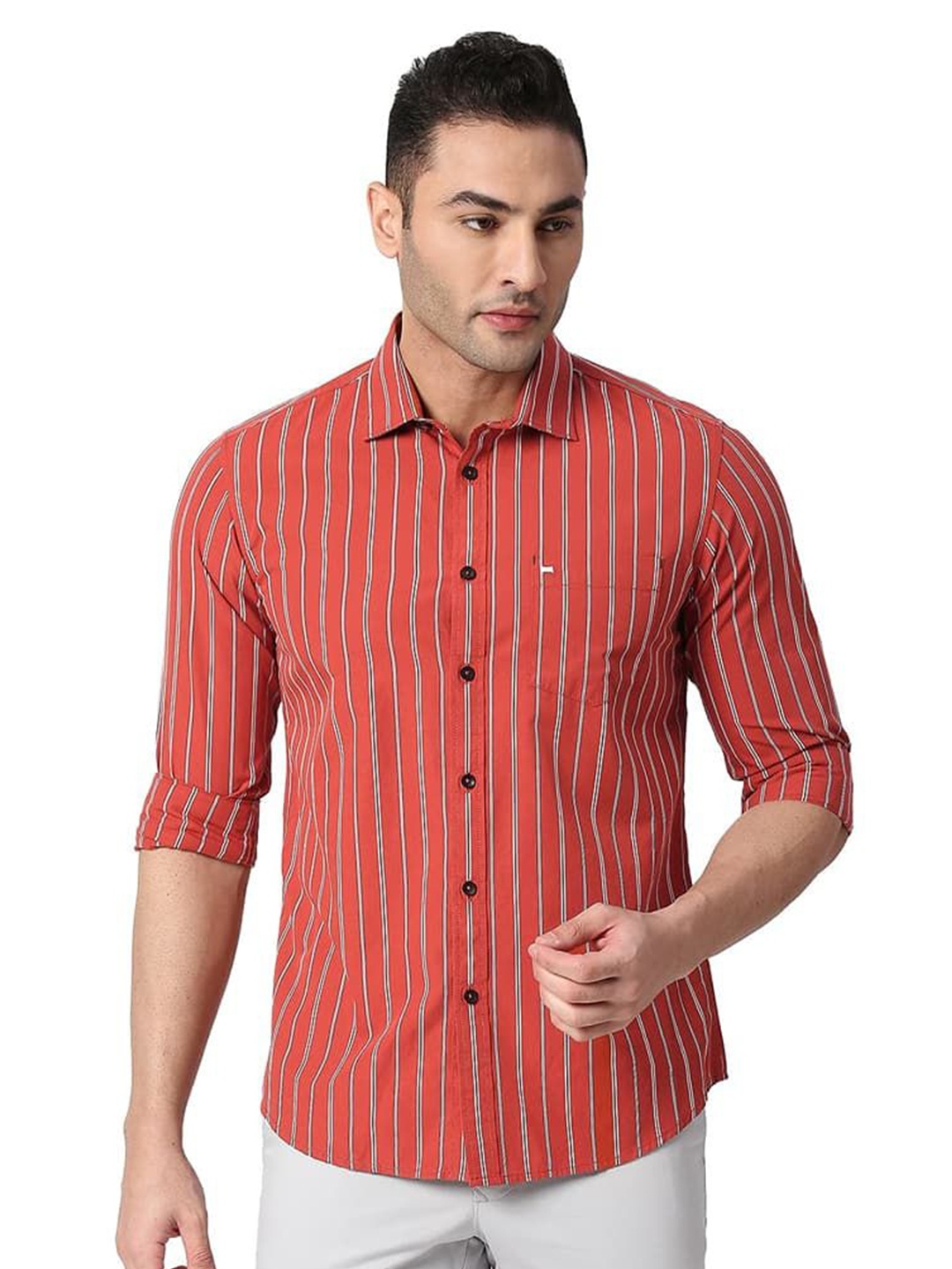 

Basics Men Relaxed Fit Spread Collar Vertical Striped Cotton Casual Shirt, Red