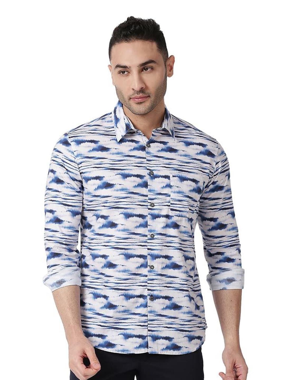 

Basics Men Relaxed Fit Spread Collar Abstract Printed Cotton Casual Shirt, White