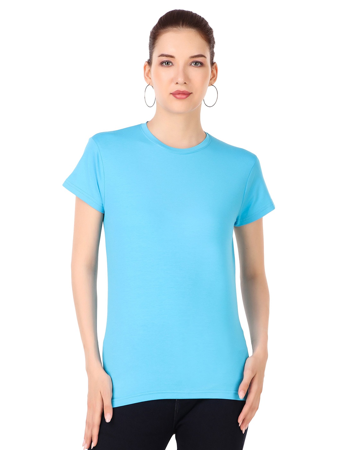 

STYLESO Women Solid Round Neck Cotton Slim Fit T-shirt, Turquoise blue