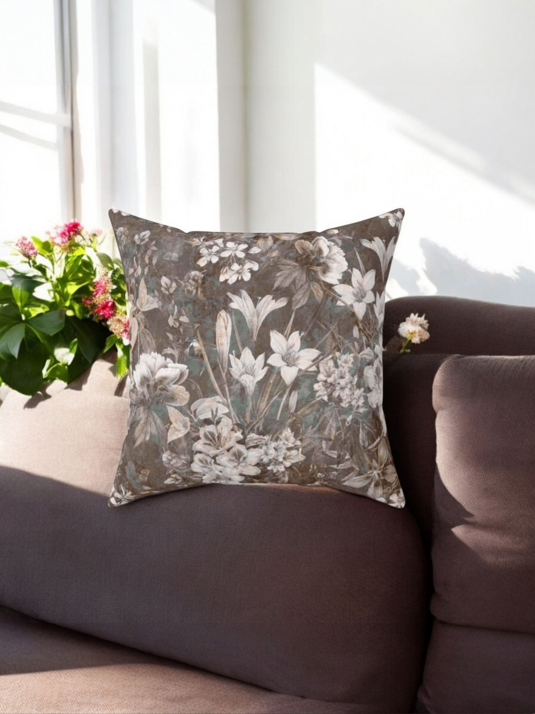 

LUSHLYF Antique Garden White & Brown Floral Printed Velvet Square Cushion Covers
