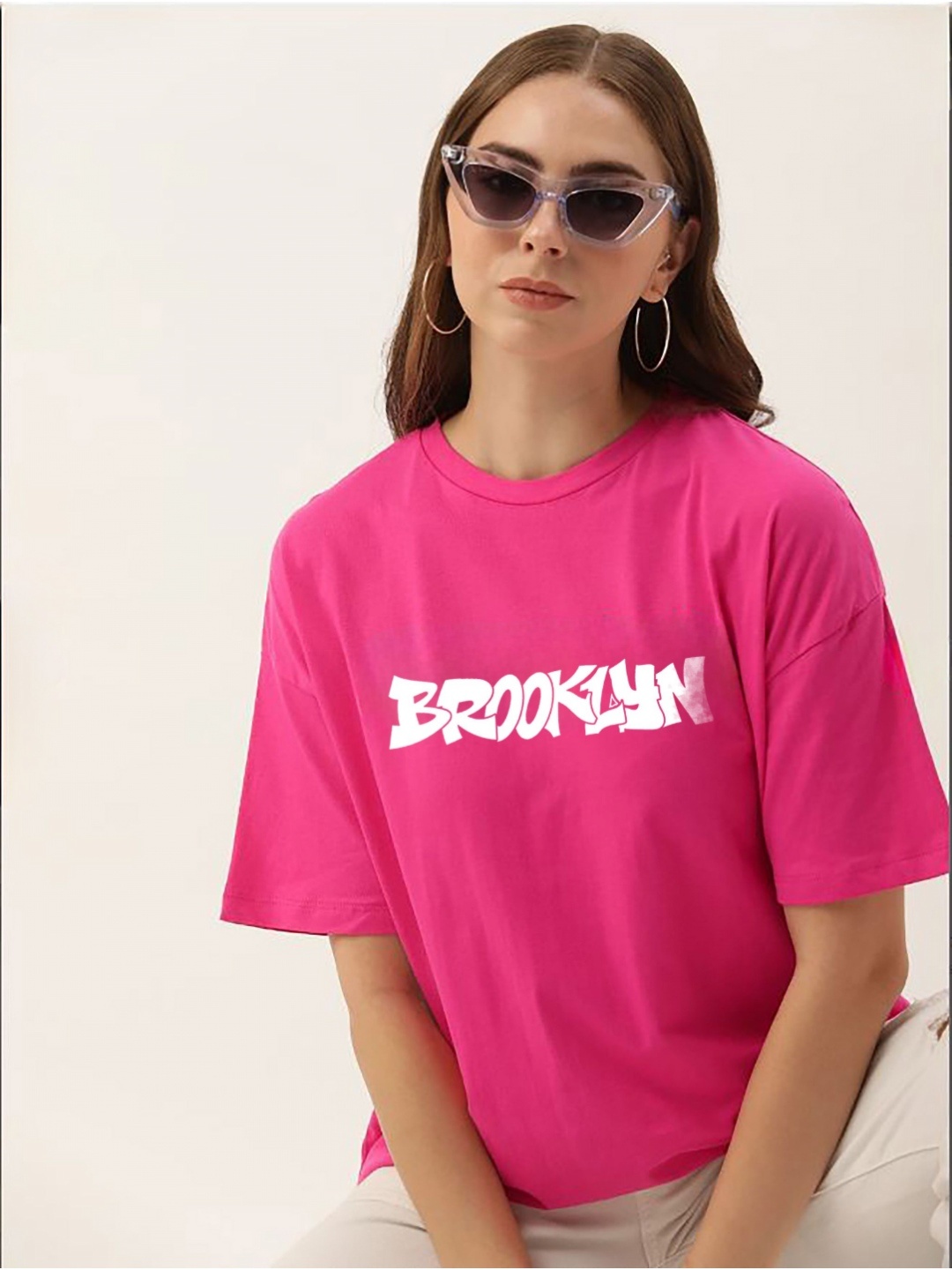 

My Swag Women Typography Printed Round Neck Cotton Oversized T-shirt, Pink