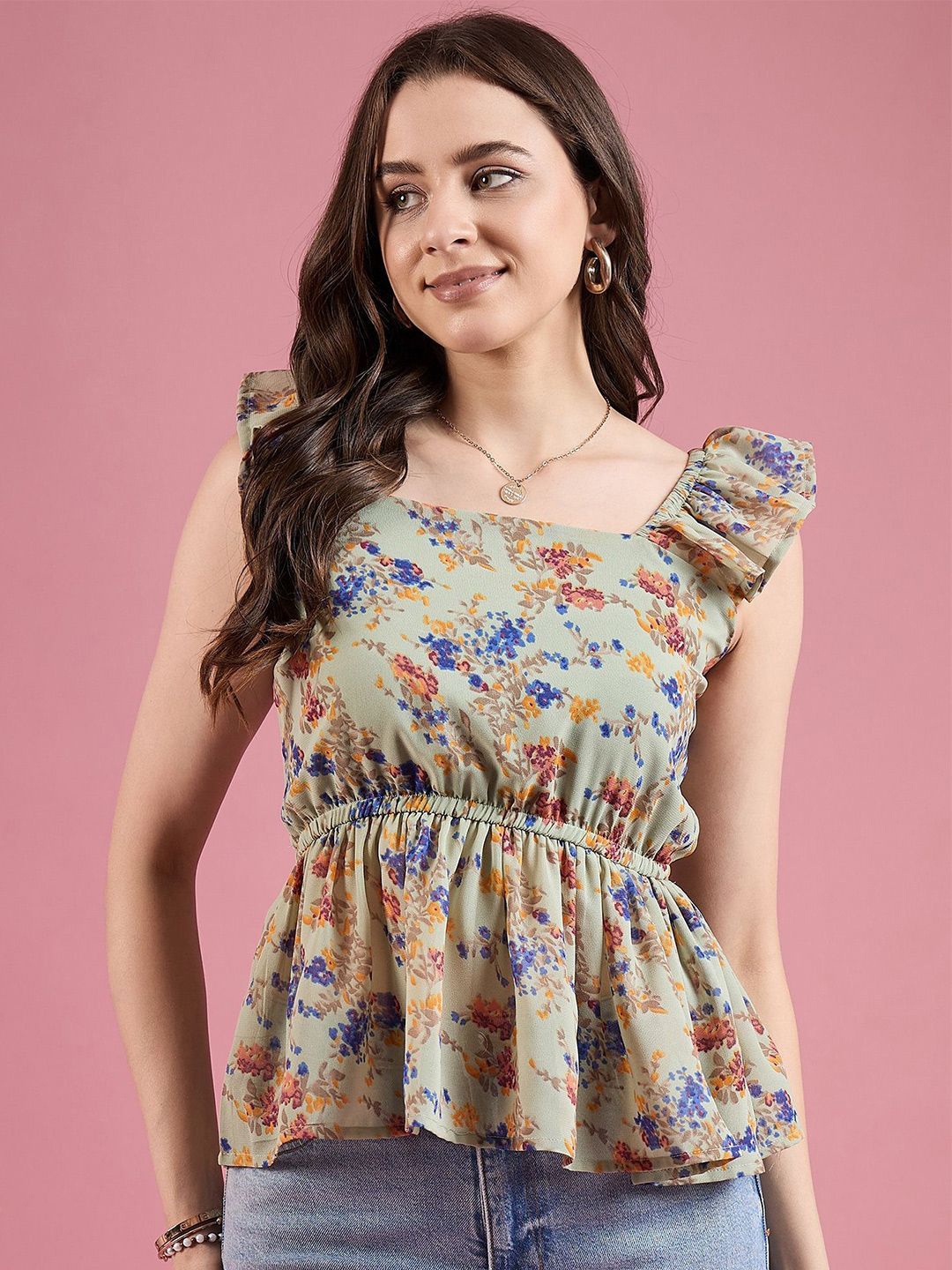 

DressBerry Floral Print Georgette Peplum Top, Green