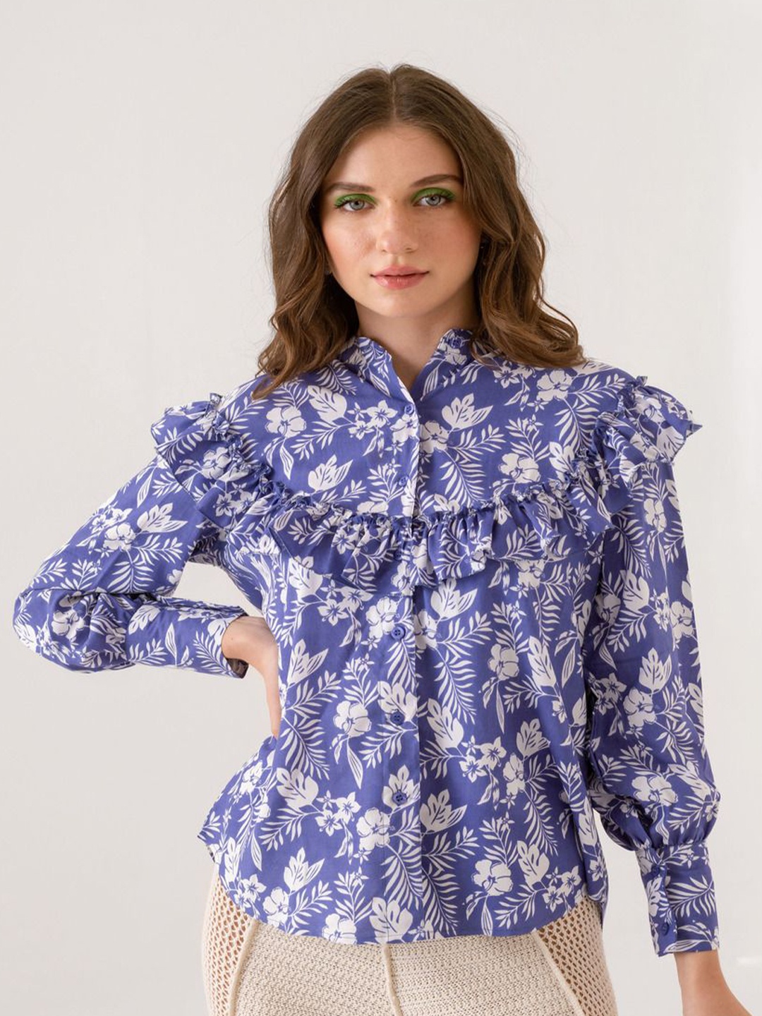 

Zenava by Myntra Women Spread Collar Floral Printed Cotton Casual Shirt, Blue