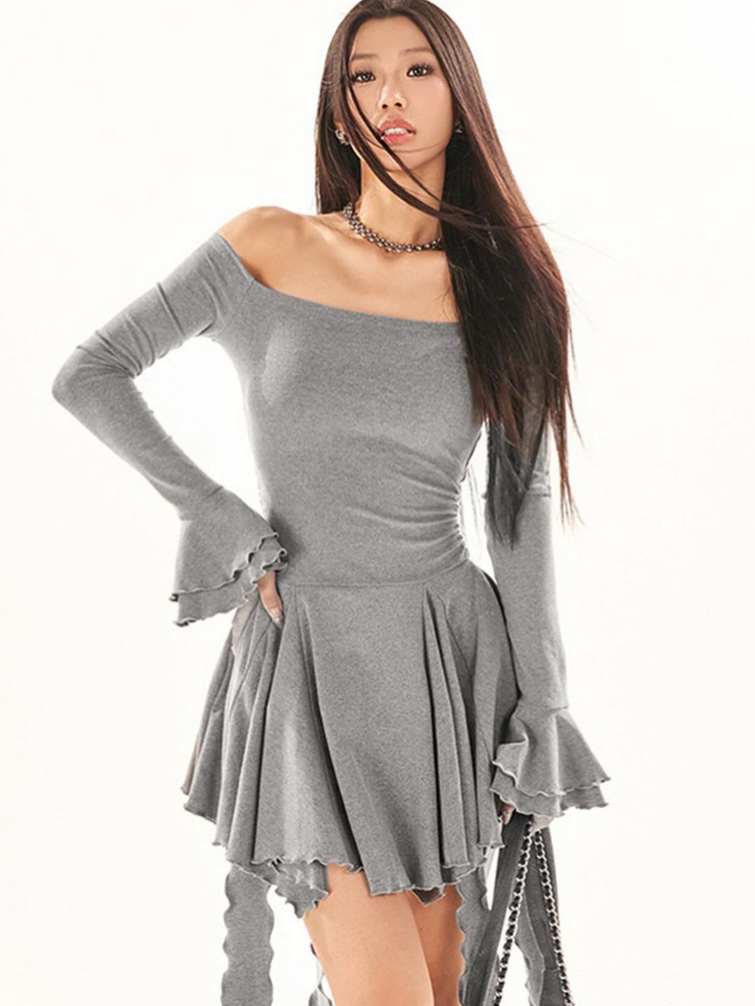 

StyleCast Women Bell Sleeve Fit And Flare Asymmetric Mini Dress, Grey