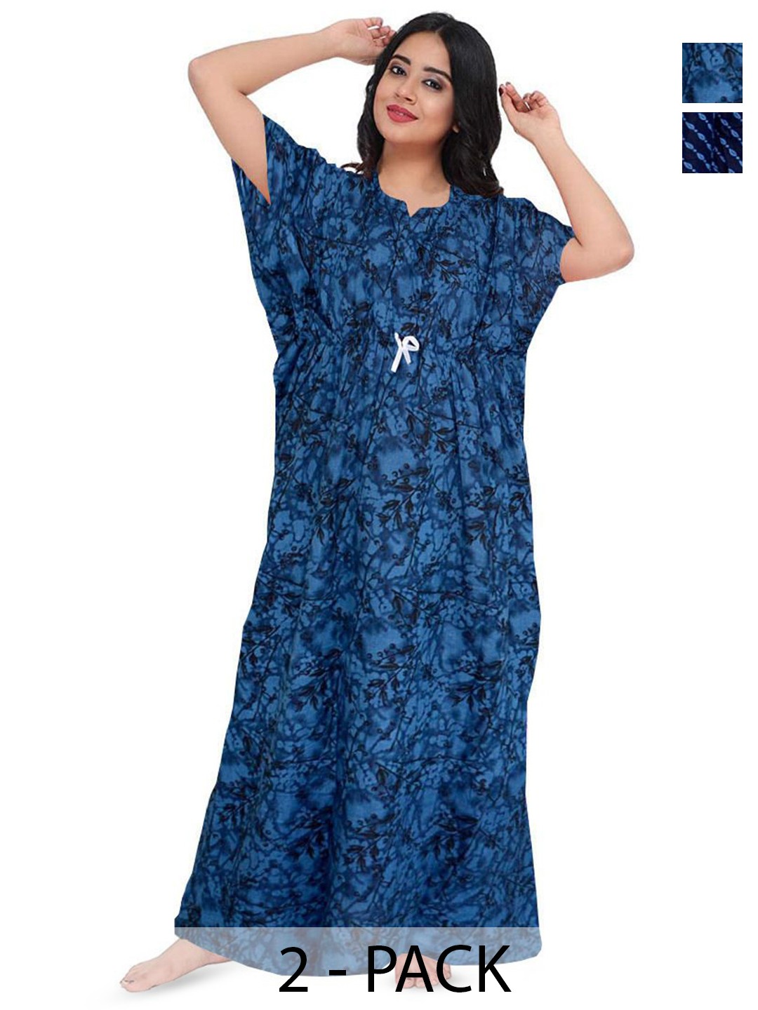 

PR PINK ROYAL Women Pack of 2 Printed Pure Cotton Maxi Kaftan Nightdress, Navy blue