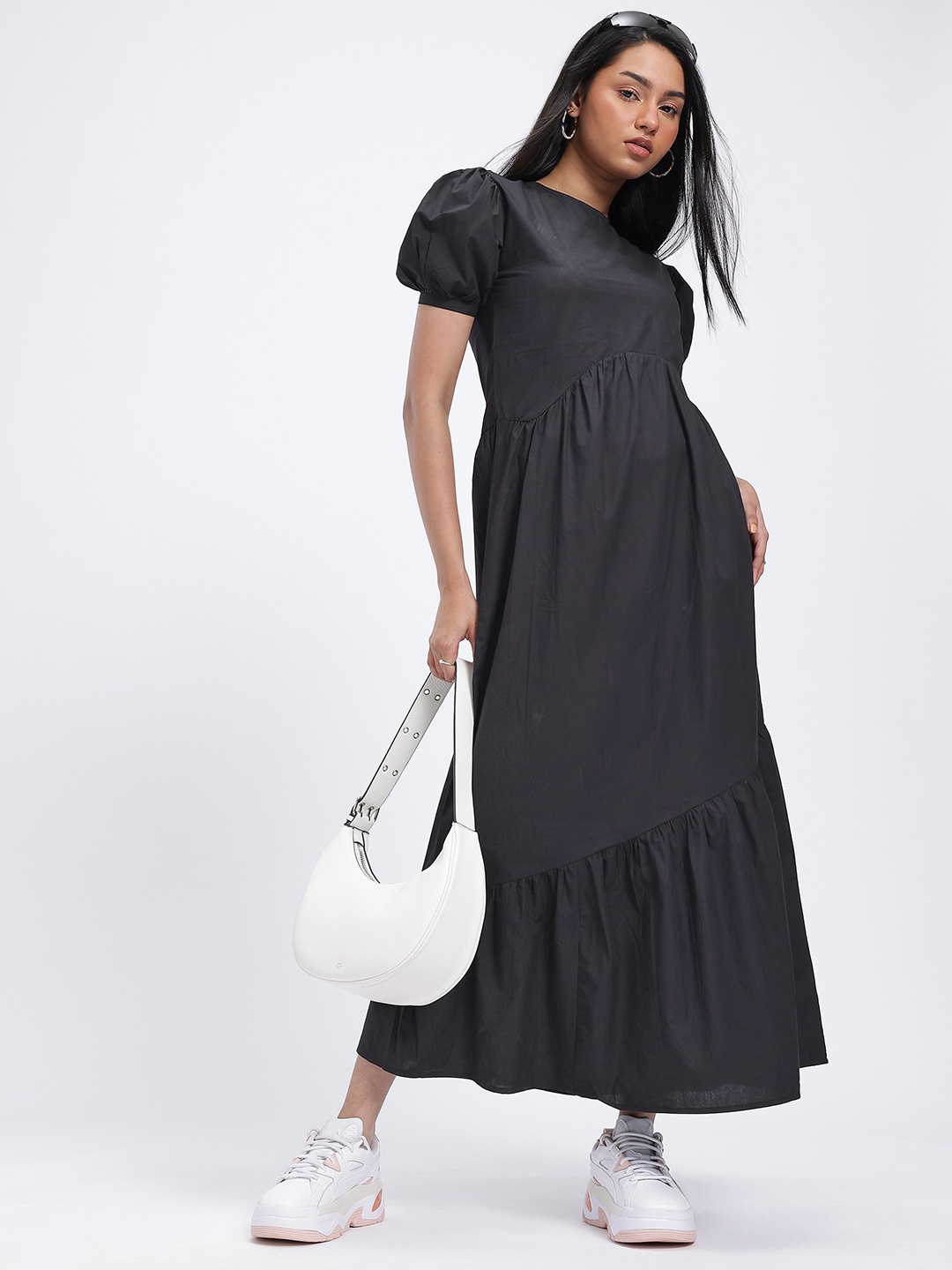 

glitchez Cotton Chaos Gathers Tiered Maxi A-Line Poplin Dress, Black
