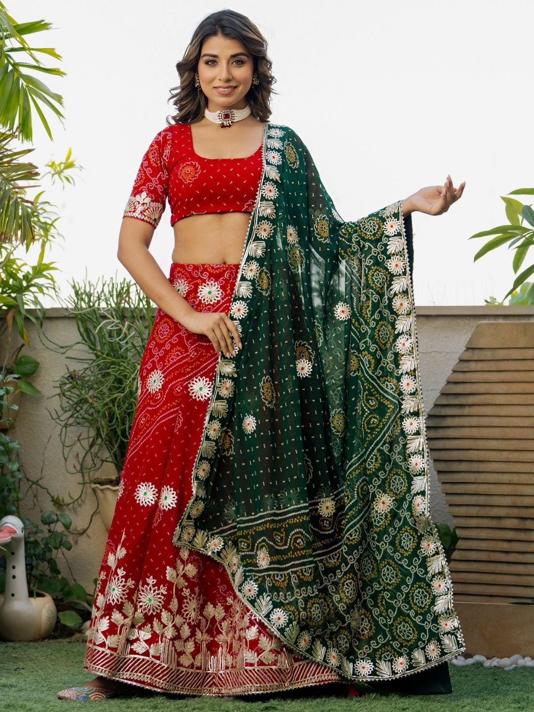 

PRETTY PALLU Printed Thread Work Ready to Wear Lehenga & Blouse With Dupatta, Red