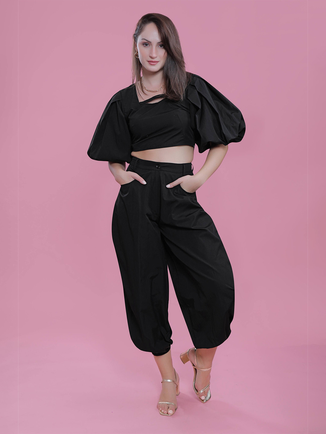 

French Theory Women Square Neck Puff Sleeves Flared Sleeve Crop Top, Black