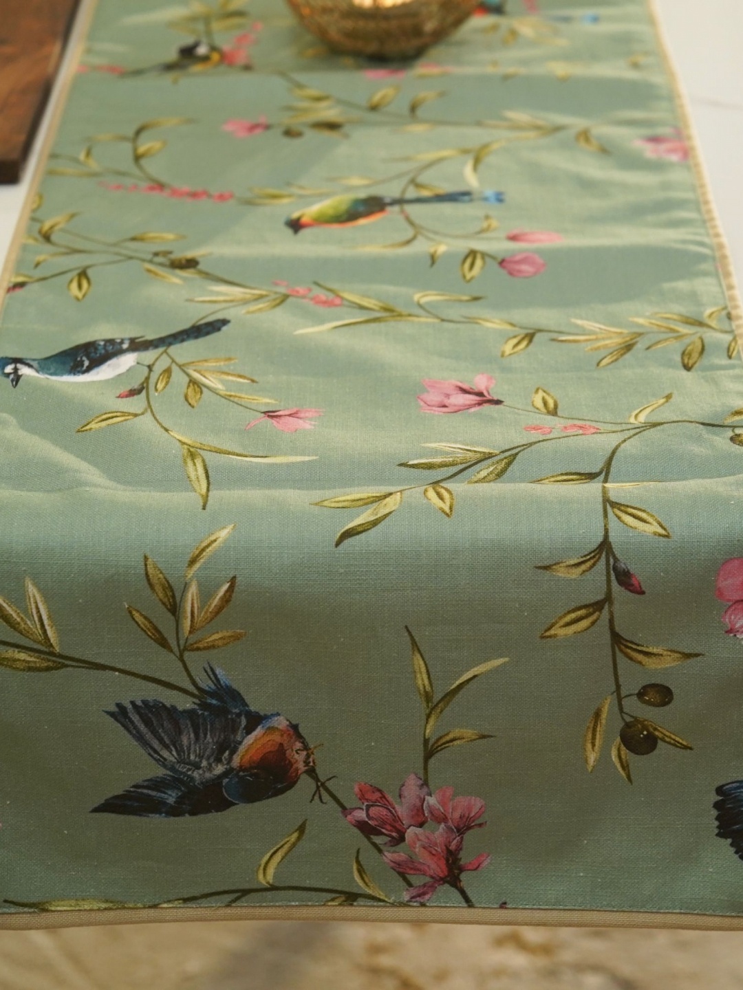 

WOODEN STREET Bird On Branch Blue & Green Floral Printed Pure Cotton Table Runner