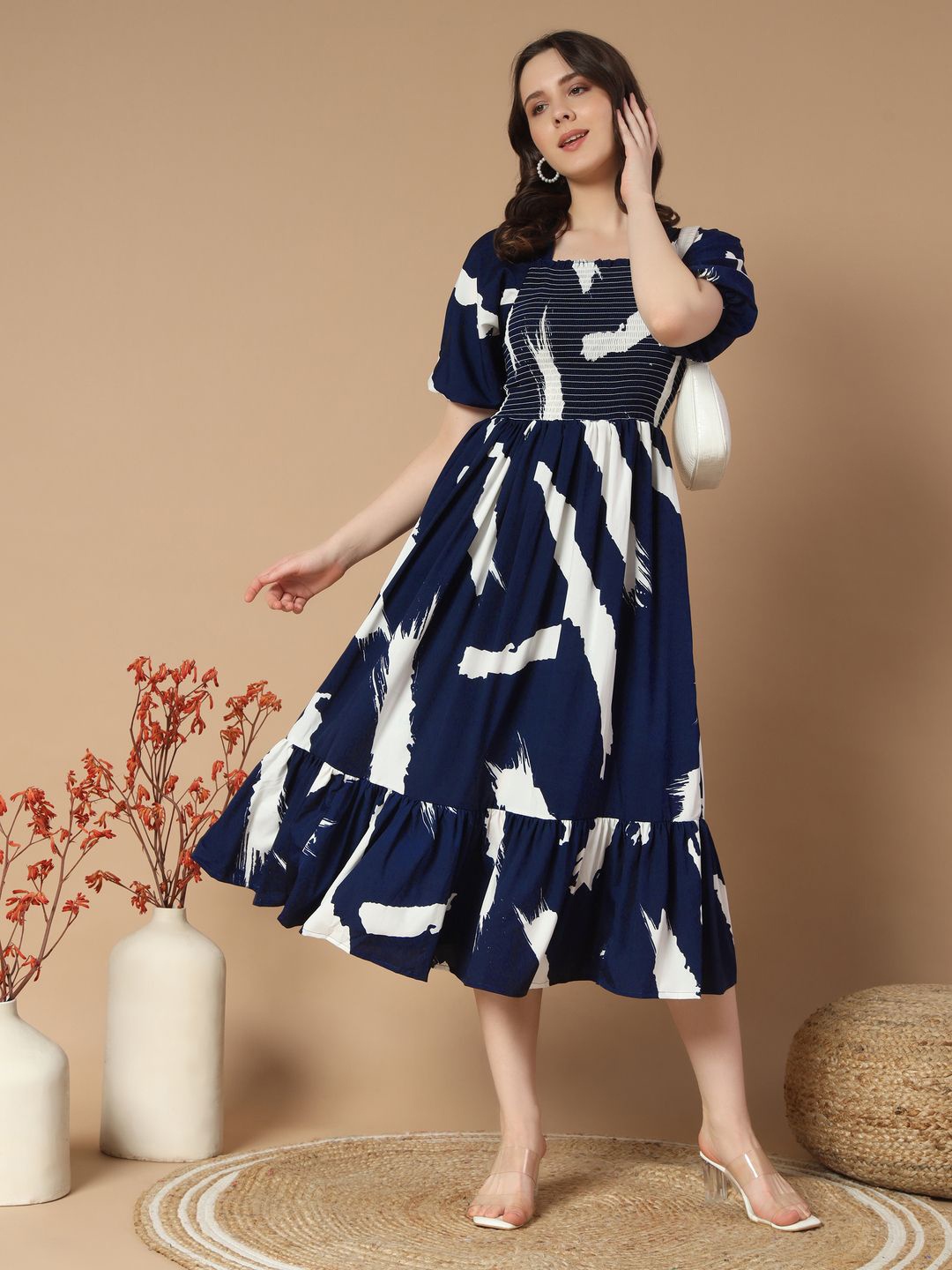 

ZWERLON Women Printed Fit and Flare Midi Dress, Navy blue