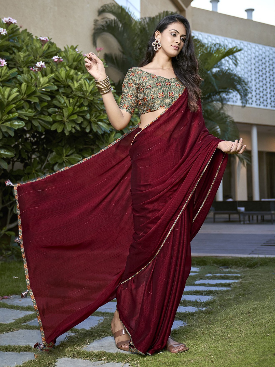 

A.V.M. SILK MILLS Pure Chiffon Ready to Wear Saree, Maroon