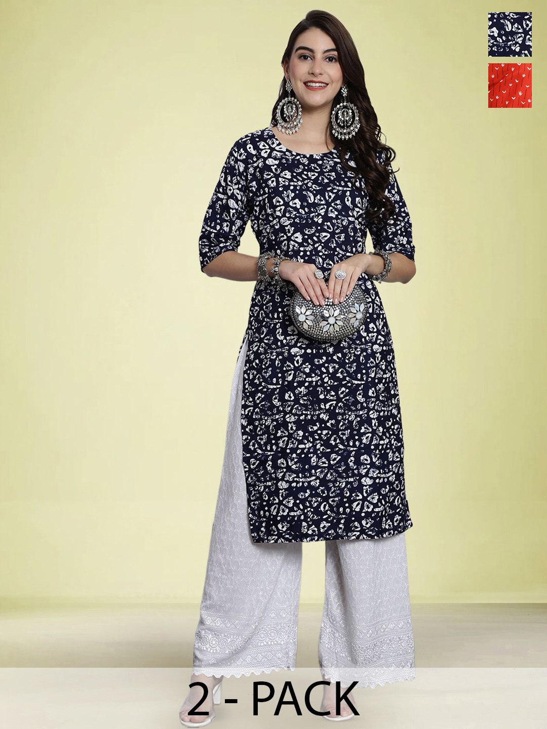 

Moda Rapido Set of 2 Ethnic Printed Round Neck Straight Kurtas, Black