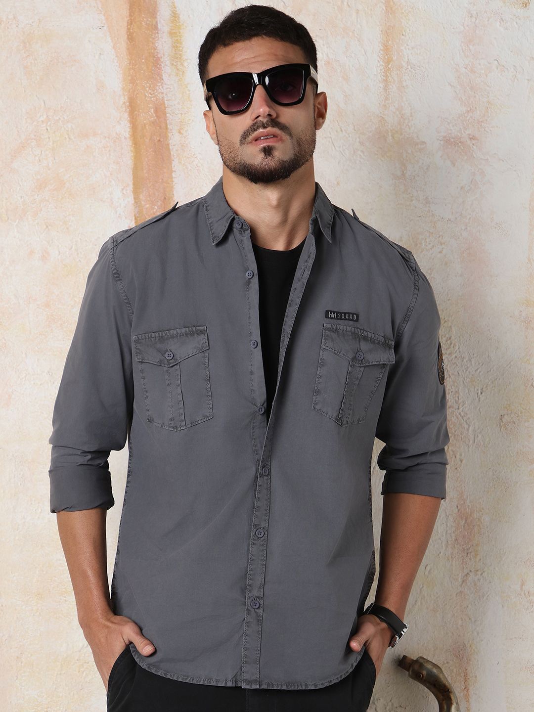 

High Star Men Regular Fit Utility Heavy Washed Spread Collar Solid Cotton Casual Shirt, Grey
