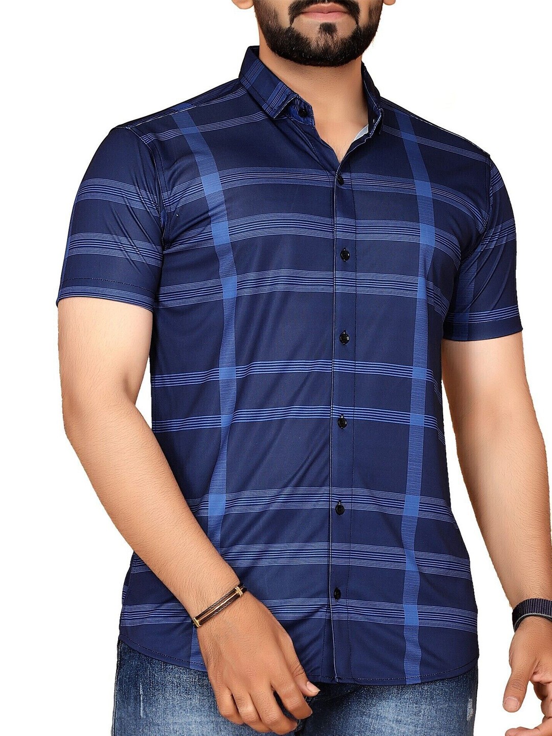 

FABRIPPLE Men Classic Fit Spread Collar Checked Casual Shirt, Navy blue