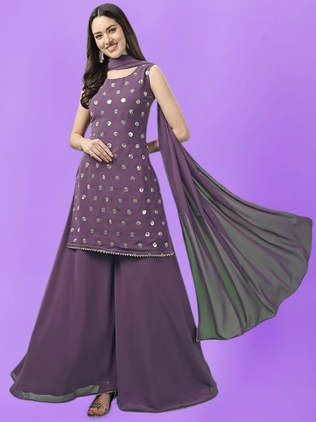 

PARROT CREATION Geometric Embroidered Georgette Straight Kurti With Sharara & Dupatta, Purple