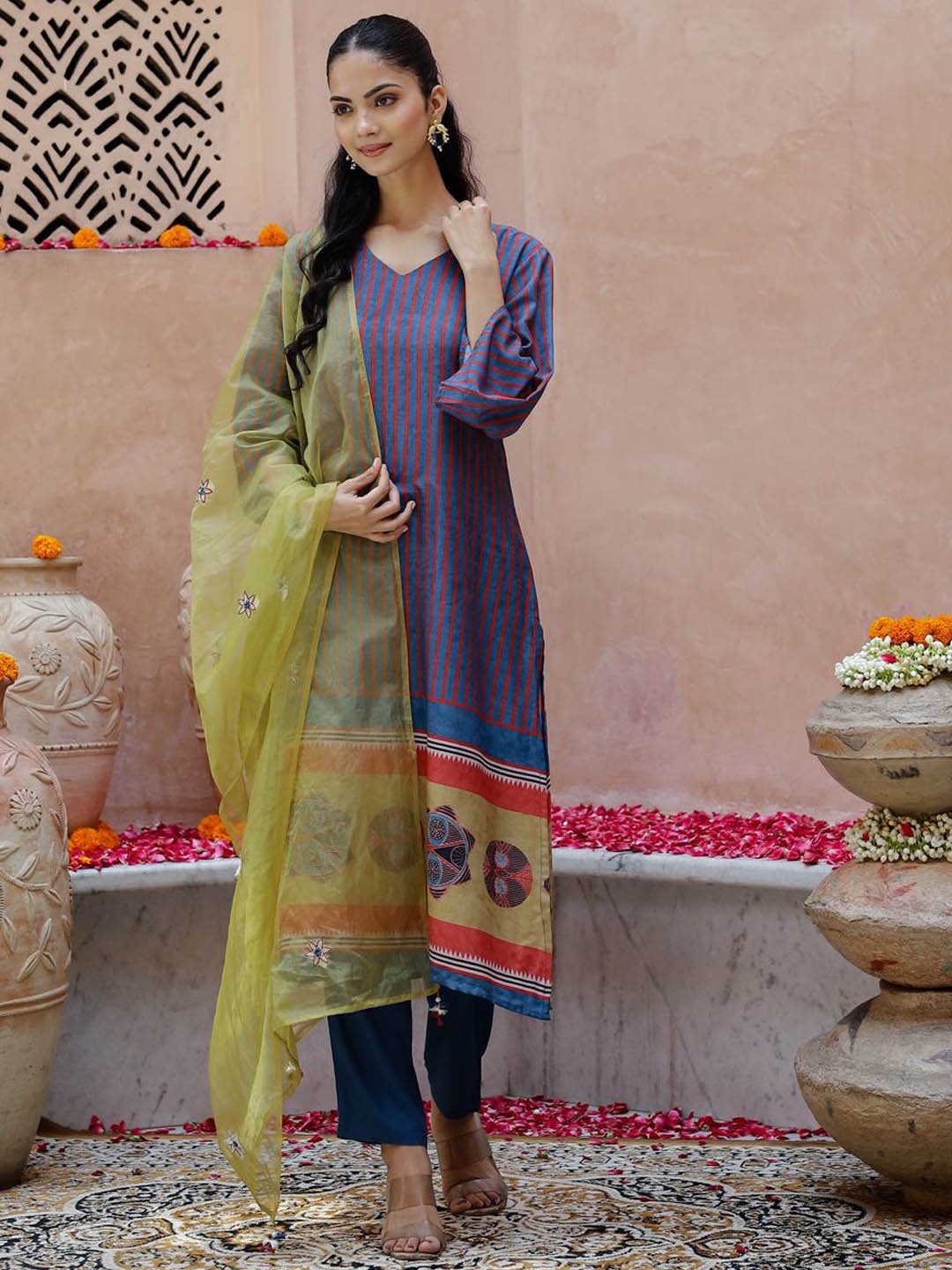 

Sangria Blue Striped V-Neck Straight Kurta With Trousers & Dupatta