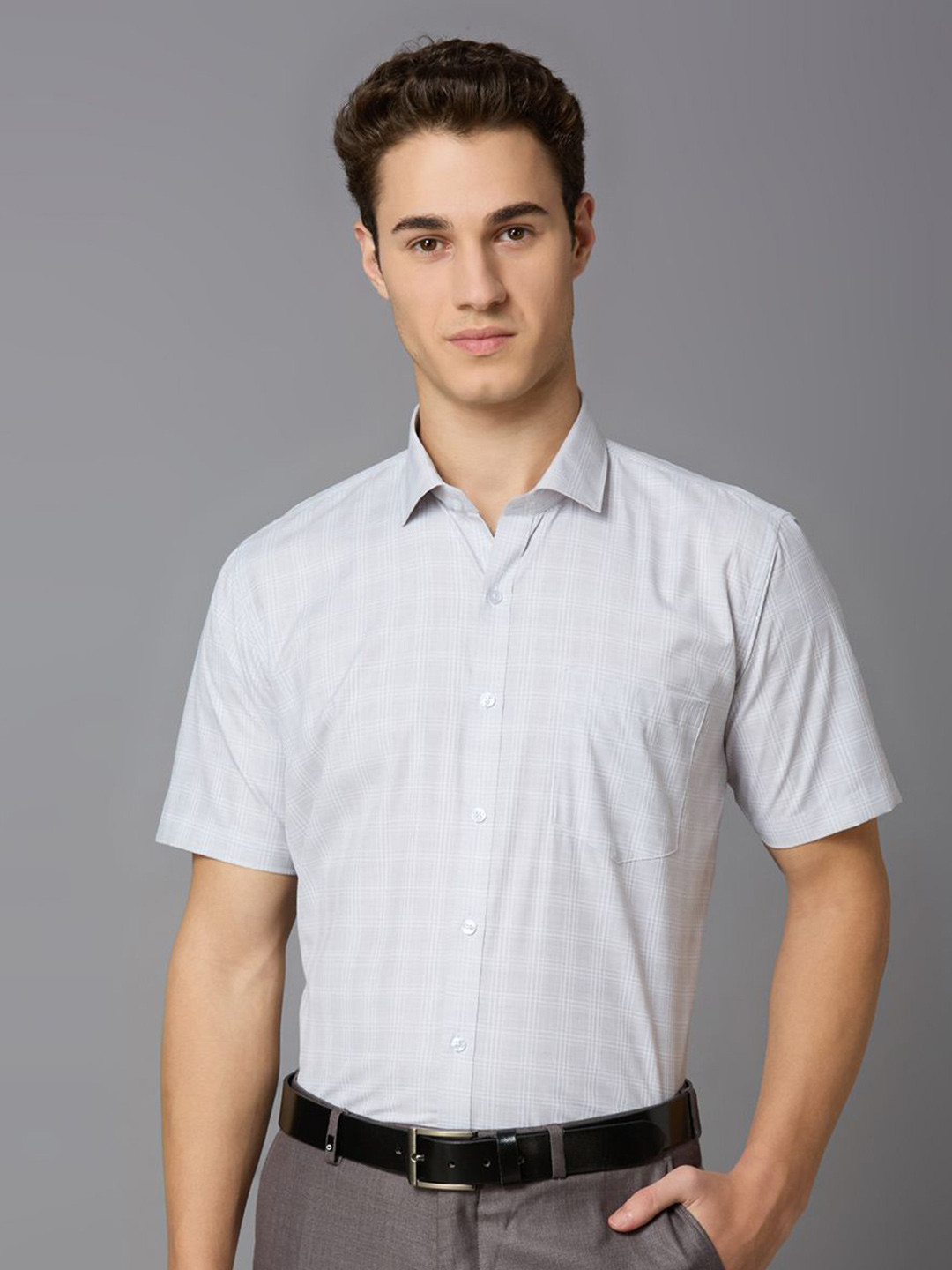 

MARK & ALBERT Men India Slim Fit Spread Collar Checked Cotton Formal Shirt, Grey